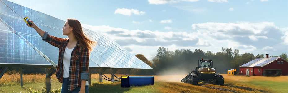 Farmer overseeing expansive solar panels, with an electric tractor, charger, and a solar-equipped house in the background.