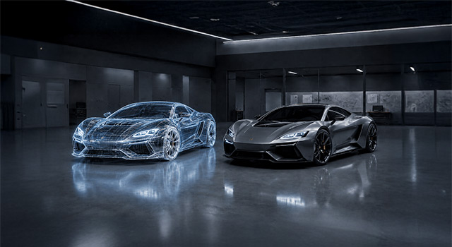 Grey sports car next to its blue wireframe digital twin.