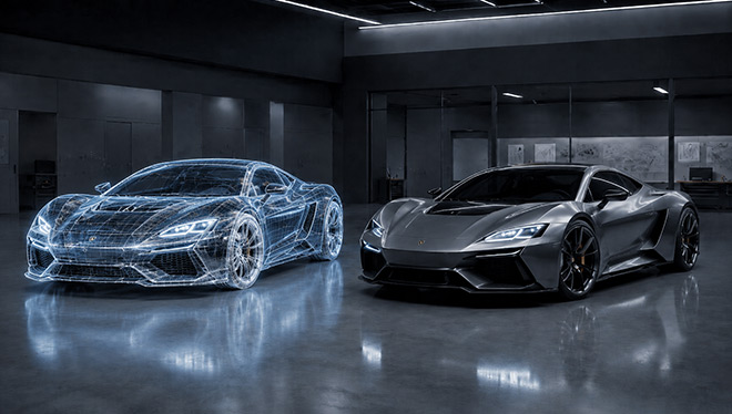 Grey sports car next to its blue wireframe digital twin.