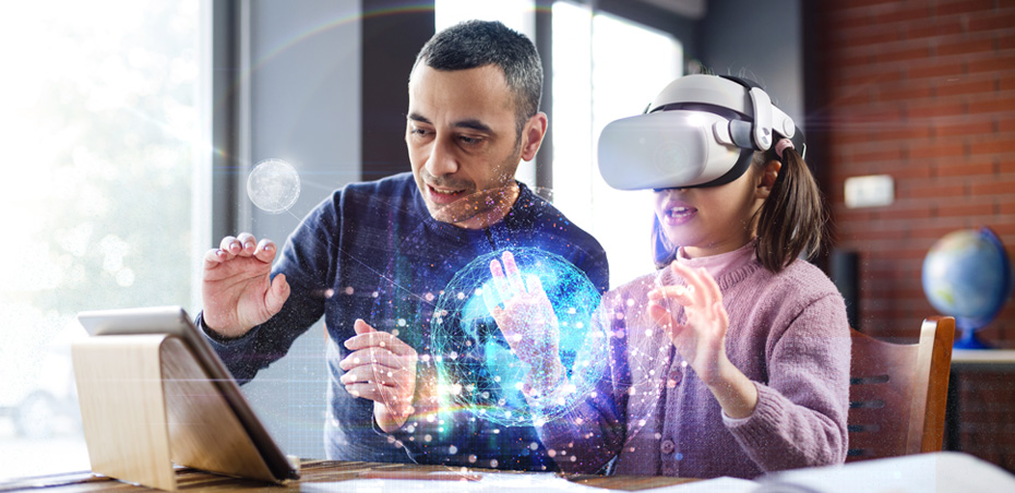 Father and daughter sitting at a desk to study earth sciences. The daughter is wearing a virtual reality headset, and an augmented reality of the planet earth overlays over the scene.