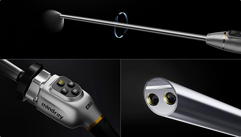 Mindray endoscope with handle controls and dual-camera tip.