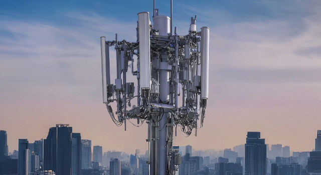 Large cellular base station tower with multiple antennas against a city skyline, representing 5G network deployment.