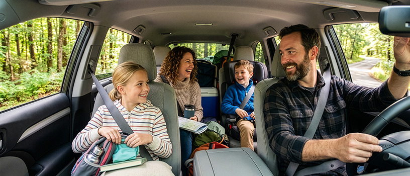 Happy family of four laughing in a car on a road trip.