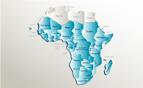 A map of Africa with the countries that Pulsar provides croverage highlighted in blue.
