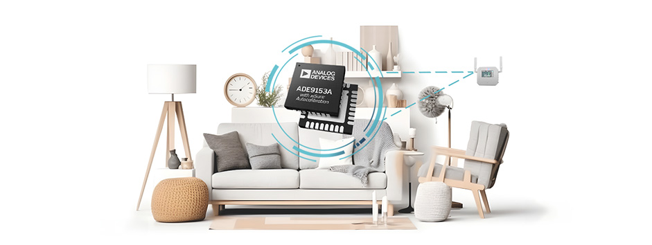 A digital model of a living room with the Gridx Meter and analog's ADE9153A chip highlighted.