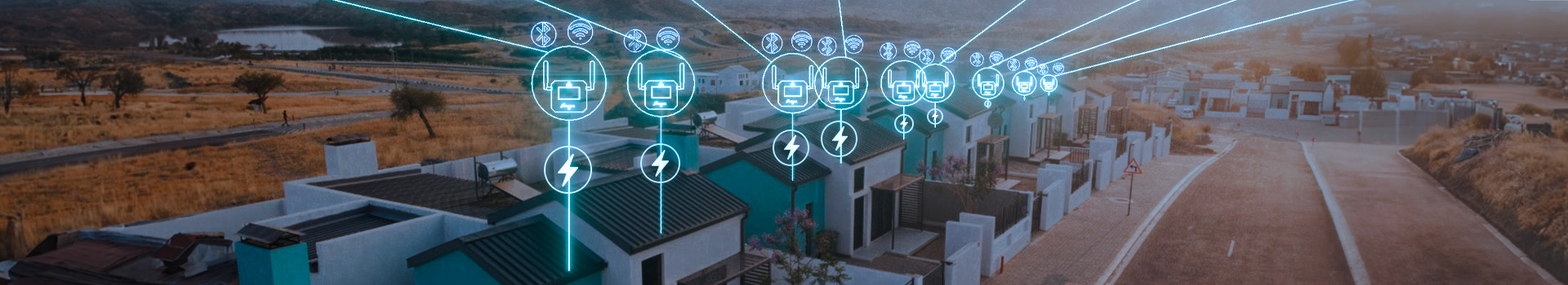 An image of a neighboorhood using the Gridx Meter in their homes to connect to wifi and monitor their energy usage.