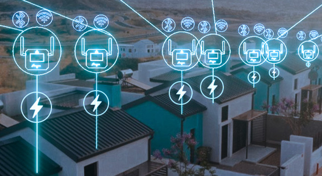 An image of a neighboorhood using the Gridx Meter in their homes to connect to wifi and monitor their energy usage.