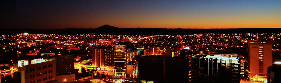 An aerial night view of the capital of Namibia, Windhoek.