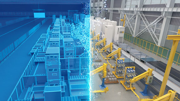 Image of a factory with its digital twin beside it, represented in blueprint style.