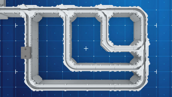 Overhead view of a novel configuation of MagneMover tracks.
