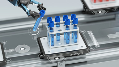 Intelligent conveyance system transporting test tubes filled with blue liquid.