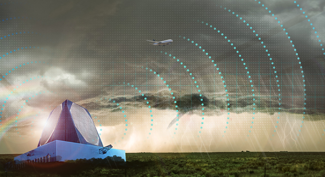 Image shows a  countryside landscape with a pending storm in the dark clouds. An All-Digital Radar in the foreground is emitting Parabolic Radar Signals out into the sky  and a commercial airplane is flying over the clouds.