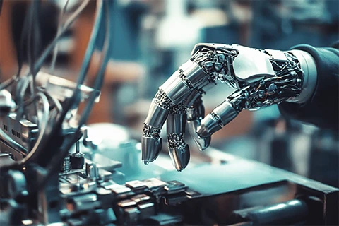 Robotic arm dispenses liquid from syringe into beaker in lab.