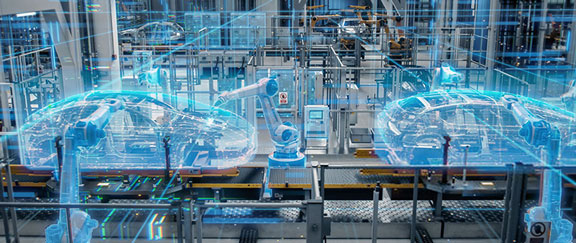 Futuristic car assembly line with robotic arms working on transparent car holograms, showcasing advanced tech.