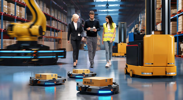 A high-tech warehouse with robots, a robotic arm, and three people, one in a safety vest, holding a tablet.