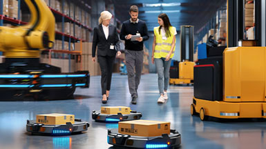A high-tech warehouse with robots, a robotic arm, and three people, one in a safety vest, holding a tablet.