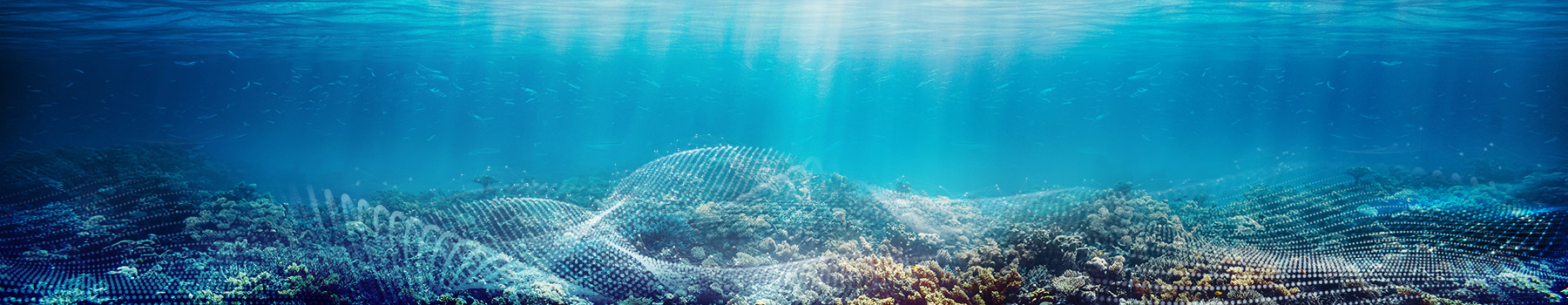 Image shows the bottom of ocean floor and coral reef with light rays streaming down from the water surface above. The reef is being mapped with a graphical overlay of data grids and sensors.