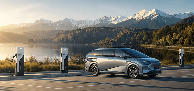 Silver EV minivan charging by a lake with snowy mountains.