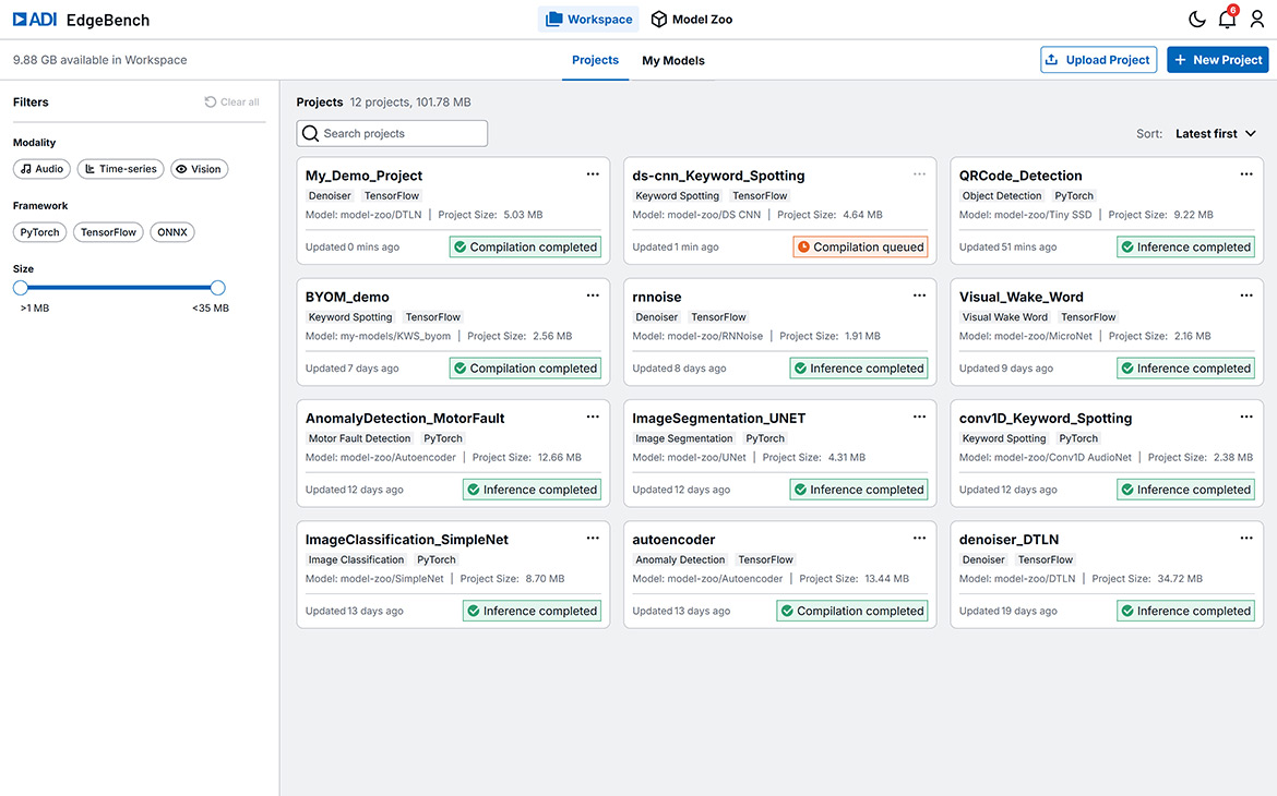 ADI EdgeBench UI showing a list of AI/ML projects.
