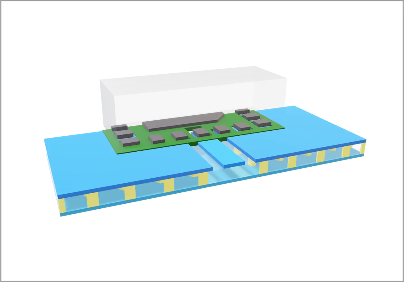 3D render of a green PCB with components on a blue interposer.