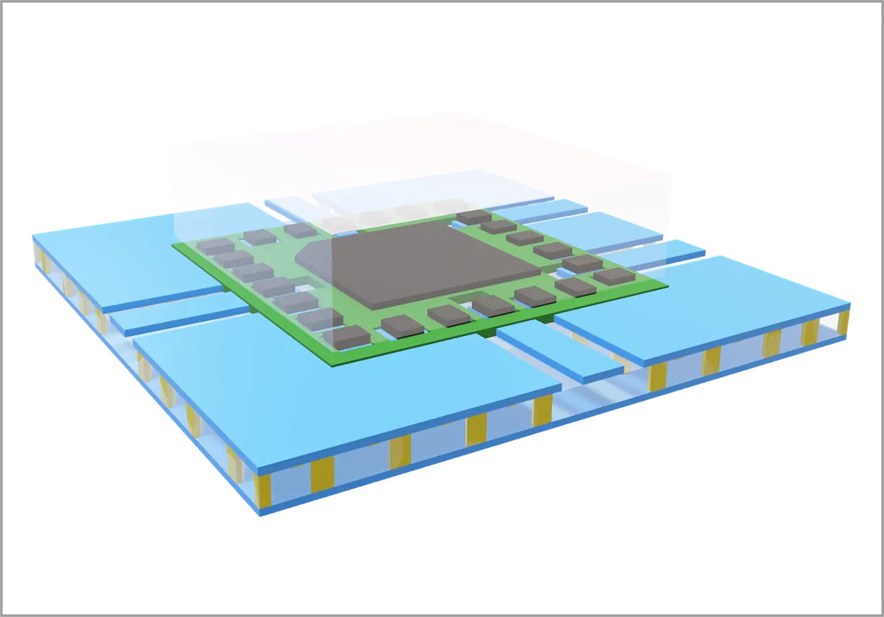 3D stacked chip on interposer with vertical connections.