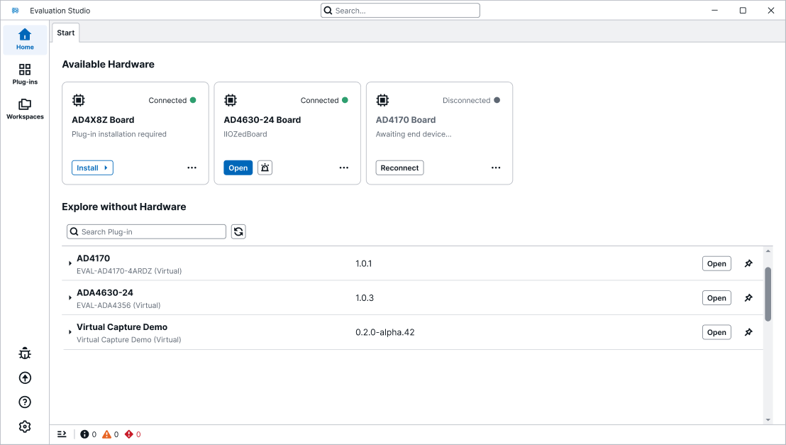 Evaluation Studio homepage showing three connected evaluation boards (AD4X8Z, AD4630-24, and AD4170) with connection status indicators, and a list of virtual plug-ins available to explore without hardware