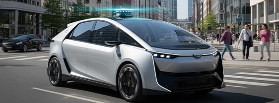 White self-driving car with glowing blue roof sensor on city street.
