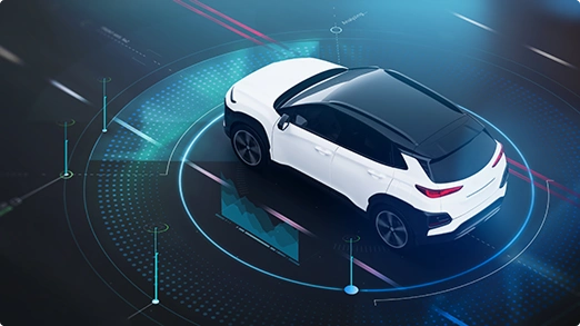 White SUV with black roof in futuristic smart car interface.
