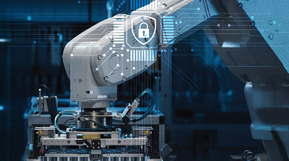 Robotic arm operating on an industrial production line with digital overlays representing cybersecurity measures in a high-tech manufacturing environment.
