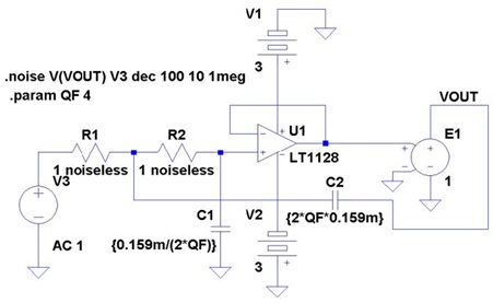 図11. LT1128の電圧性ノイズの影響のみを見られるように 抵抗を1Ω、コンデンサの大きさを1000倍にした（低抵抗を駆動できるようにバッファとしてVCVSも追加。𝑄 = 4）