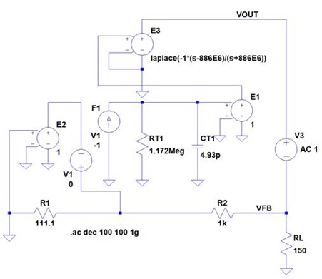 図8. AD811に合わせこむようにセカンダリ・ポールと RHPZを加えて改良した簡易モデルによるループ・ゲイン 測定シミュレーション回路(RF = R2 = 1kΩ)