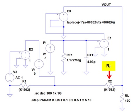 図12. AD811に合わせこむように改良した簡易モデルによる 信号増幅率周波数特性シミュレーション回路 (RFを係数kで変化)