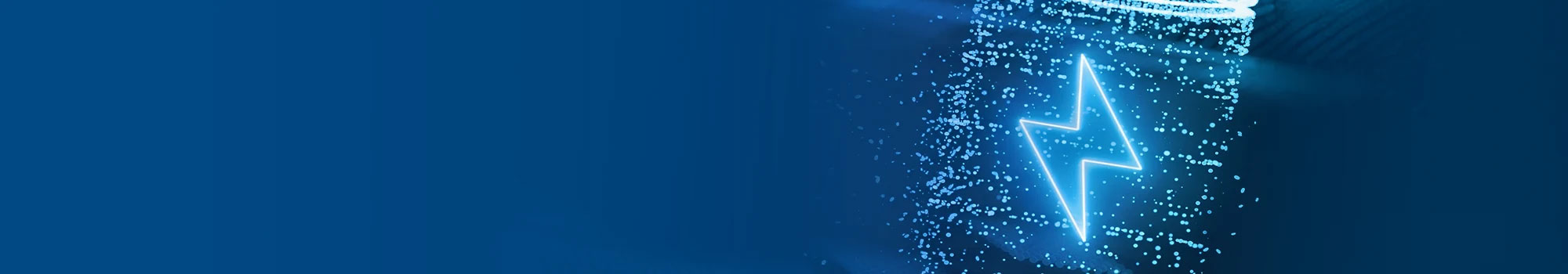 Digital illustration of a glowing blue lightning bolt surrounded by scattered particles on a dark background.