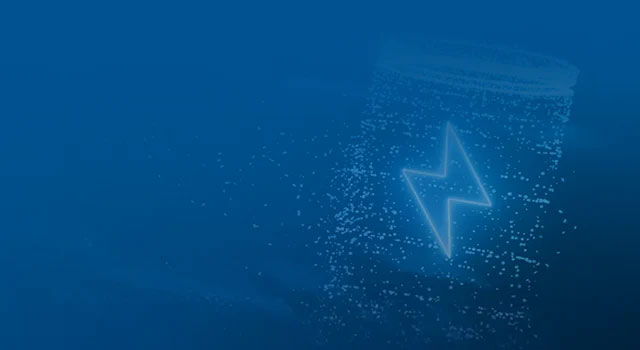 Digital illustration of a glowing blue lightning bolt surrounded by scattered particles on a dark background.