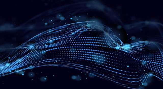 digital wave of blue dots and lines on dark background representing data flow or signal transmission
