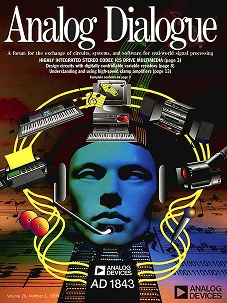 Analog Dialogue cover: blue face, headphones, and multimedia devices.