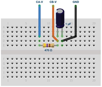 図8 . RC 回路を構成するためのブレッドボード上の接続