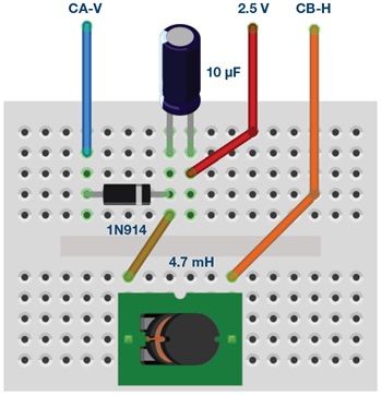 図8 . 図7 の回路の実現方法。ブレッドボード上で各部品をこの図のように接続します。