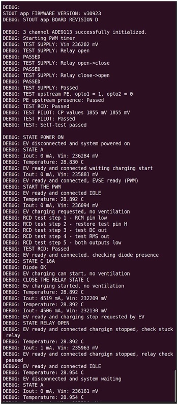 図11. シリアル・インターフェースを介して受信したデバッグ・メッセージ。充電セッションの全体に対応しています。
