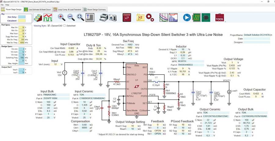 図2. LTpowerCADのメインのウィンドウ。このタブは、電源回路の外付けコンポーネントを選択するために使用します。