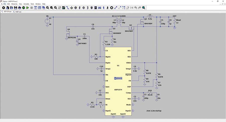 図5. LTspice上に表示したシミュレーション用の回路図。LTspiceは広く使われているSPICEベースのシミュレーション・ツールです。電源を対象とする新たなFRA機能など、固有の機能を備えています。