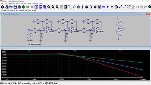 A screenshot of LTspice software displaying a phase shift circuit simulation.