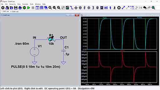 A screenshot of LTspice software displaying a simple resistor-capacitor (RC) circuit simulation.