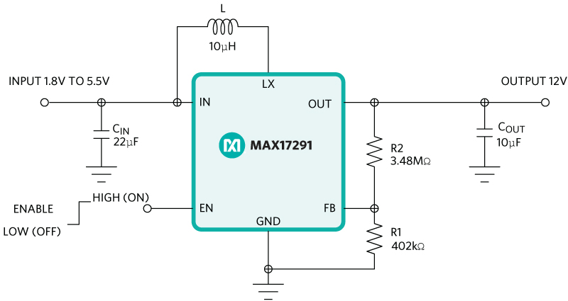 Figure 2. 12V Boost converter using MAX17291.