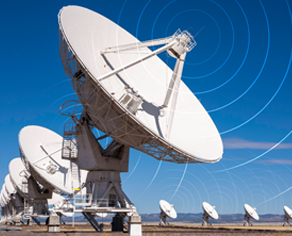 Satellite ground stations broadcasting signals.