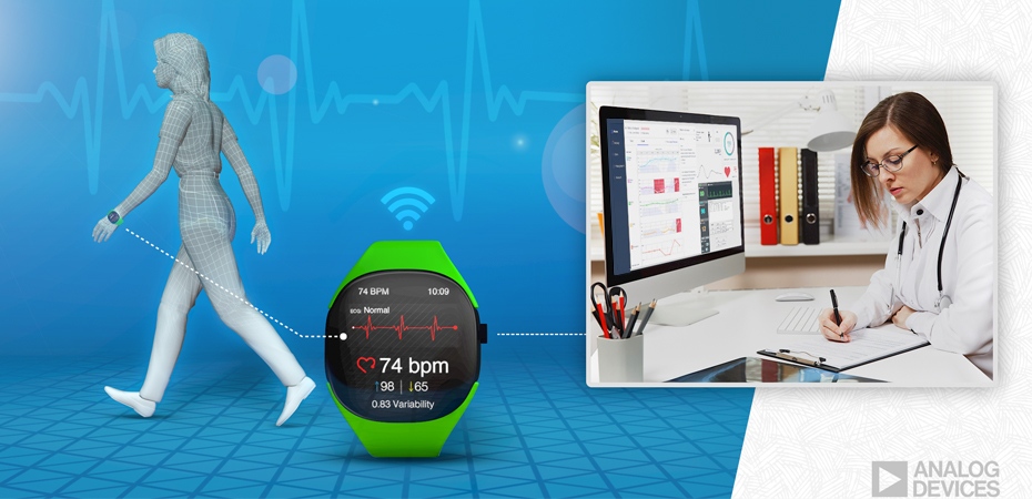 Illustration displays patient walking, a smart watch with metric and stats being transmitted wirelessly, as well as, an inlay image of a female doctor reviewing these stats.