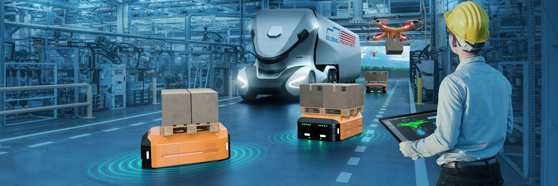Illustration of AGVs and autonomous vehicles arriving at a warehouse