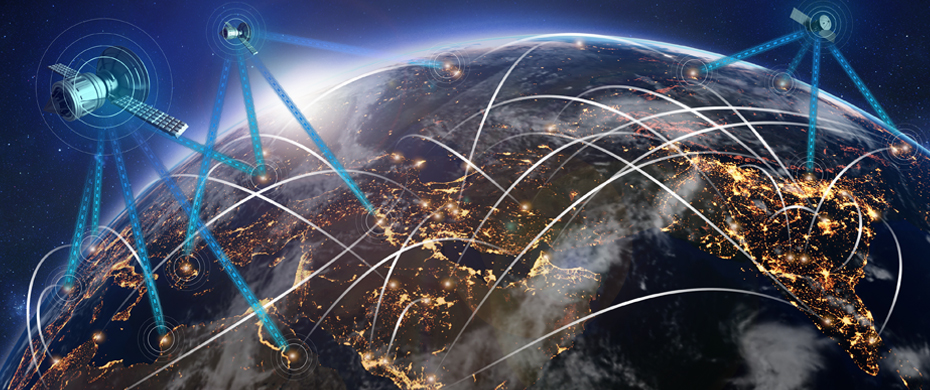 Image shows Planet Earth from outer space and Satellites communicating with network connectivity signals back to Earth.