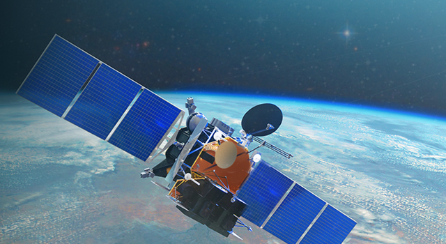 Image shows the planet Earth and a Satellite from Lower Orbit.