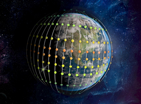 Image shows the Planet Earth from outer space and a grid of colors that represent Satellites orbiting the Planet Earth.